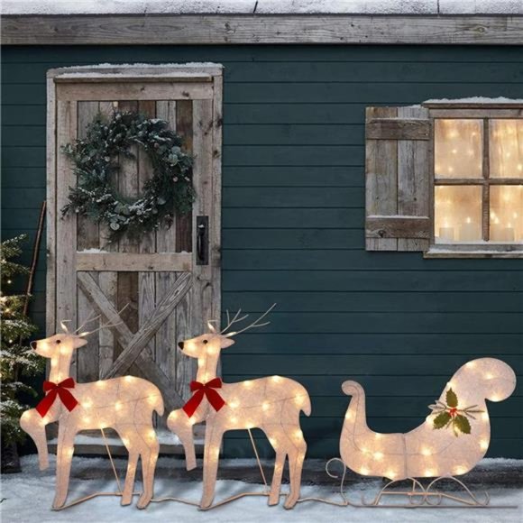 Set of 3 Lighted Christmas 2D Reindeers Decor,  23 Inch Pre-Lit Light Up Xmas - Picture 4 of 6